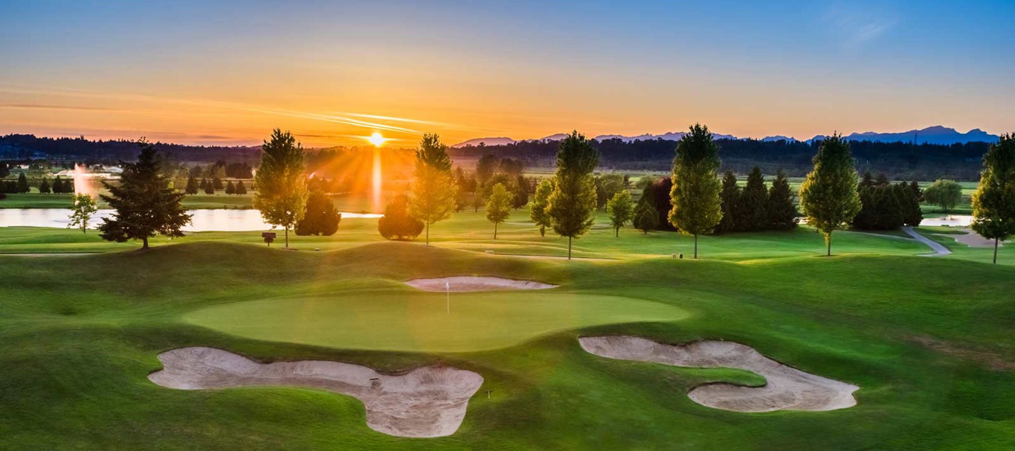 A landscape photo of Northview Golf and Country Club in Surrey, BC during sunset.