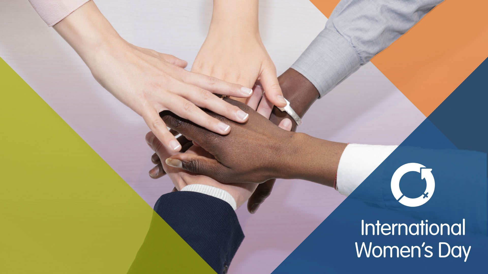 A graphic from DMCL celebrating International Women's Day which features several female hands stacked on top of each other and graphic elements overtop.